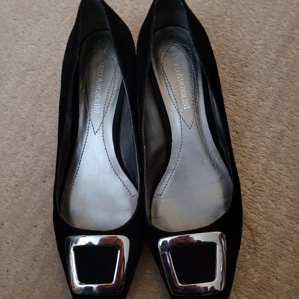 Size 7 - Enzo Angiolini black suede dressy flats with silver buckle